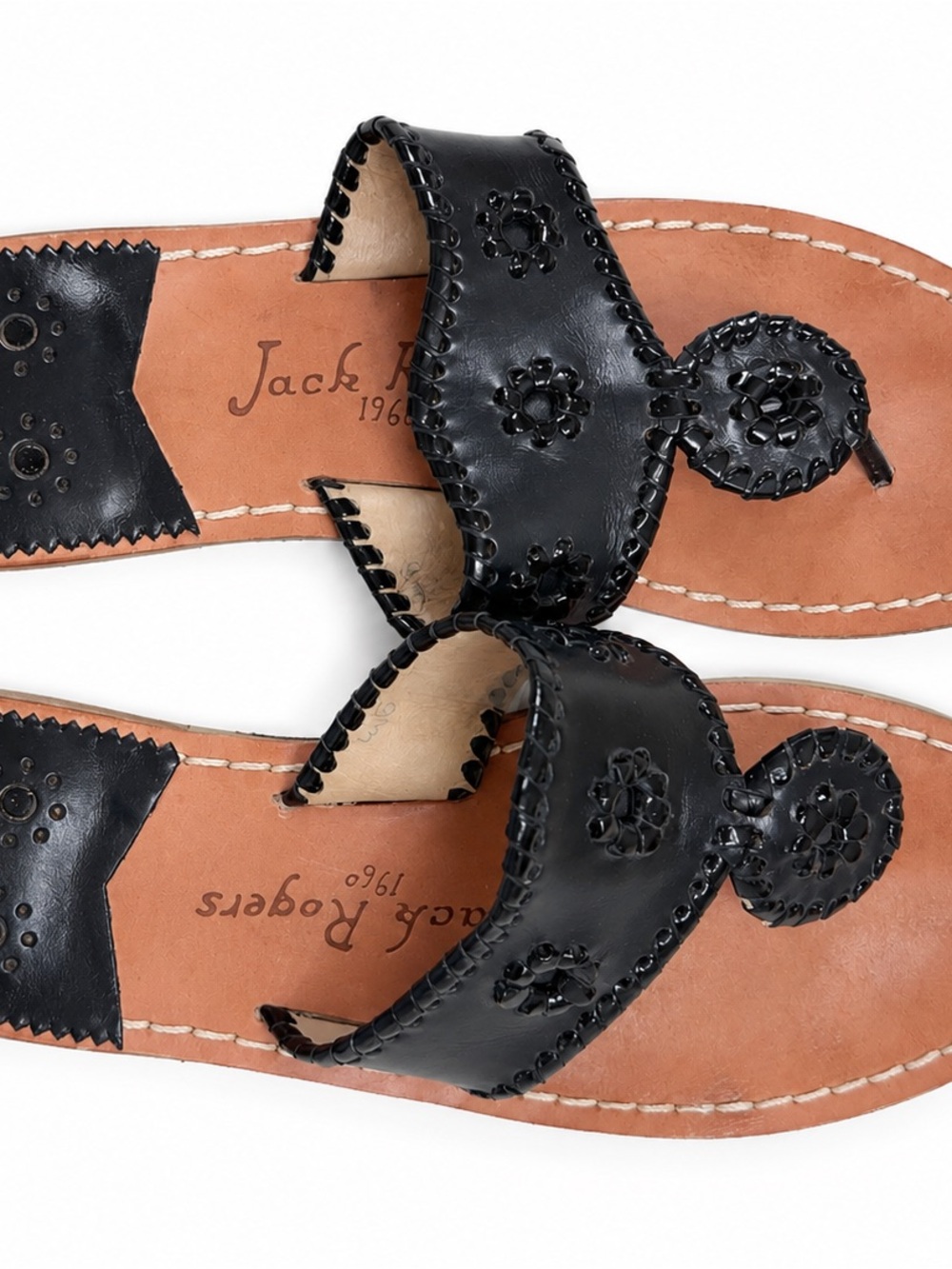Jack Rogers Black Leather Whipstitch Rondelle Sandals